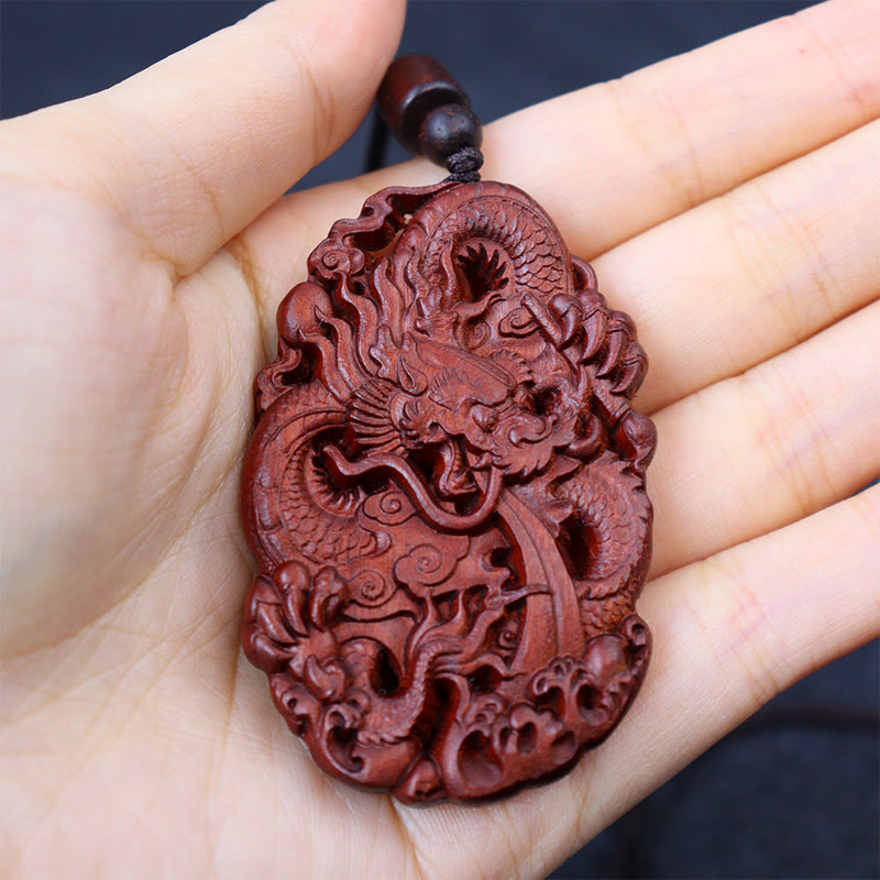 Lightning Struck Jujube Wood Double Dragon Relief Ward Off Evil Spirits Necklace Pendant