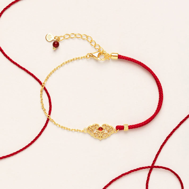 Handmade Red String Bracelet with Gold Longevity Lock and Red Agate
