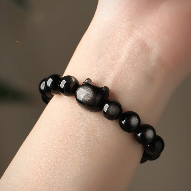 Handmade Gold & Silver Sheen Obsidian Feline Charm Beaded Bracelet
