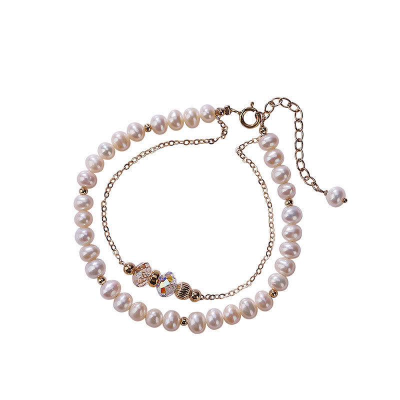 925 Sterling Silver Plated 14k Gold Natural Pearl Crystal Healing Double Layer Bracelet