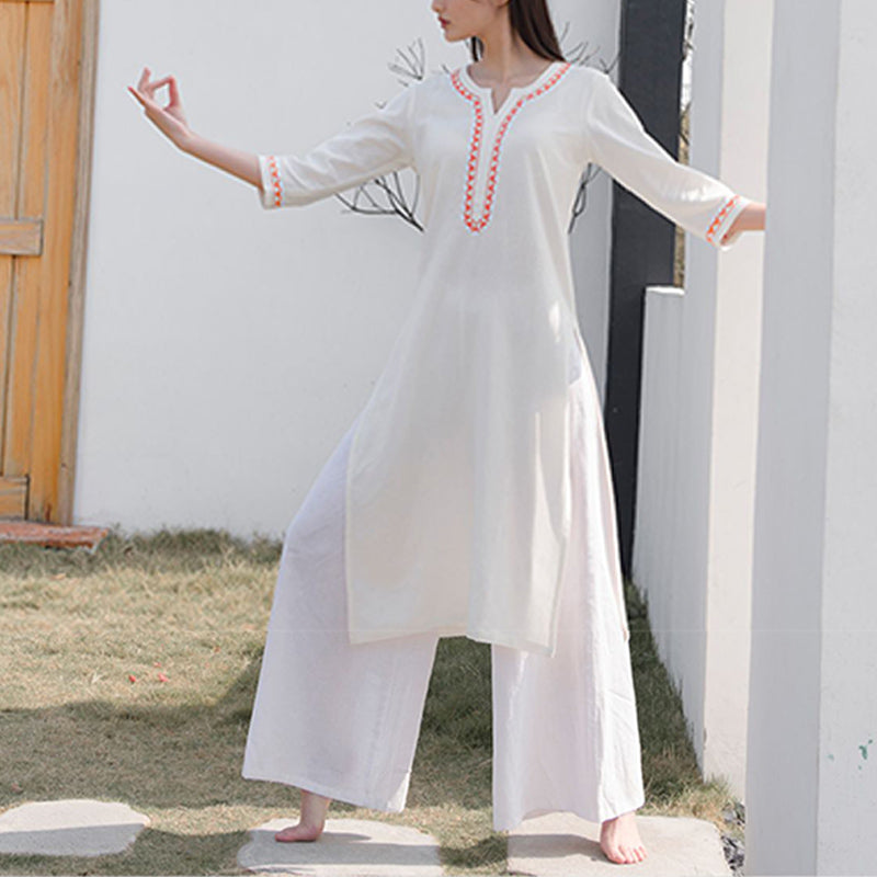 2Pcs V-neck Embroidery Yoga Clothing Zen Meditation Cotton Linen Top Pants Women's Set