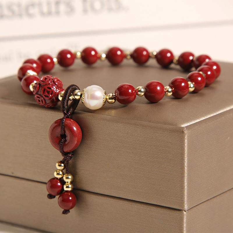 Natural Cinnabar Peace Buckle Copper Coin Charm Blessing Bracelet