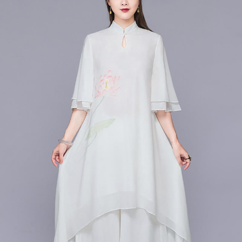 2Pcs Lotus Flower Cheongsam Midi Dress Wide Leg Pants Chiffon Zen Women's Set