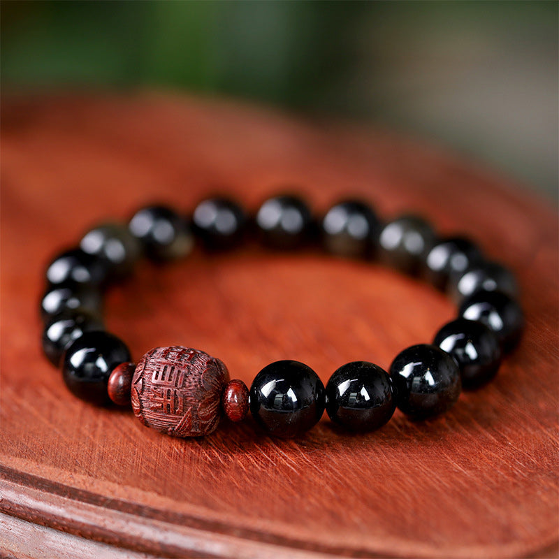 Natural Gold Sheen Obsidian Rainbow Obsidian Om Mani Padme Hum Fu Character Healing Bracelet
