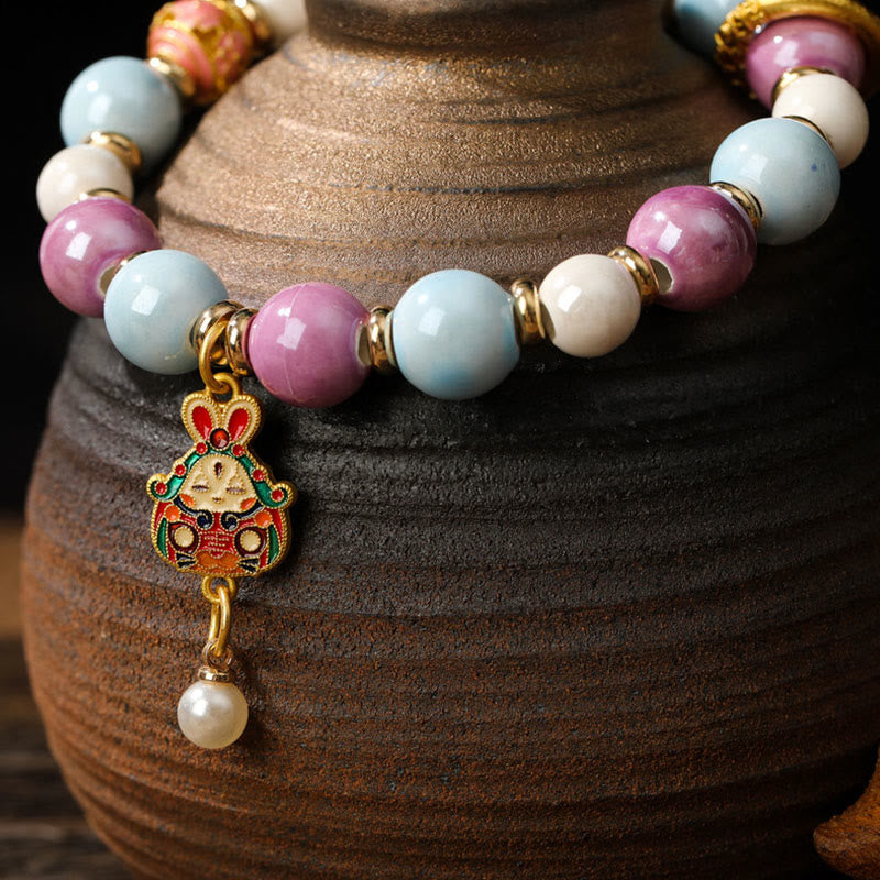 Tibetan Zakiram Goddess of Wealth Rabbit Lion Head Charm Liuli Glass Incense Ash Porcelain Bead Protection Bracelet