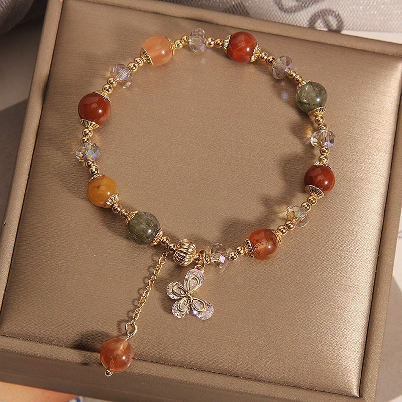 Natural Fu Lu Shou Rainbow Crystal Rutilated Quartz Wealth Butterfly Charm Bracelet