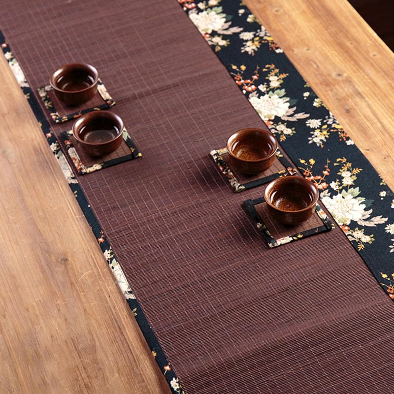 Vintage Peony Flower Blossom Bamboo Cup Mat Pad Tea Cup Coaster Kung Fu Tea Mat