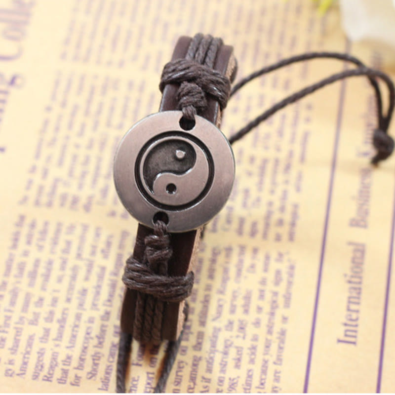 Retro Yin Yang Leather & Wax Rope Harmony Bracelet