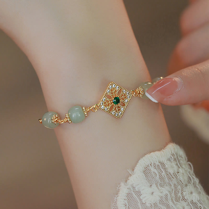 Handcrafted Natural Hetian Jade Bead Square Pattern Chain Bracelet