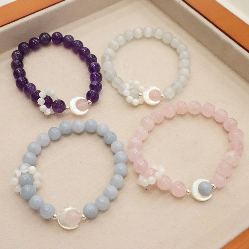 925 Sterling Silver Crescent Moon Natural Gemstone Charm Bracelet