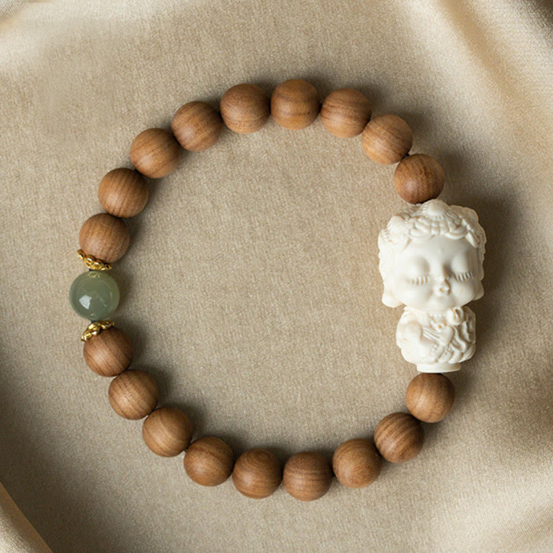 Sandalwood Hetian Jade Ivory Fruit Green Tara Protection Bracelet