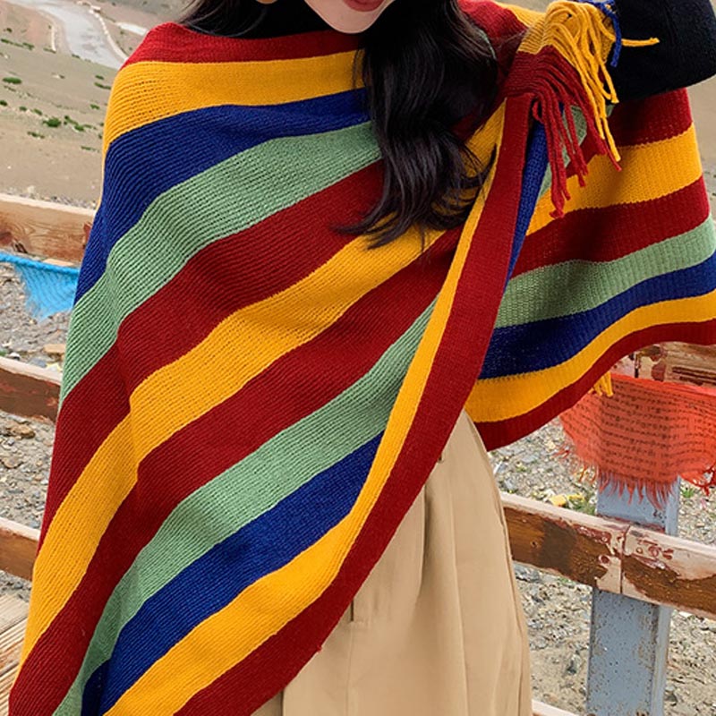 Knitted Striped Tassel Pullover Meditation Shawl Wrap