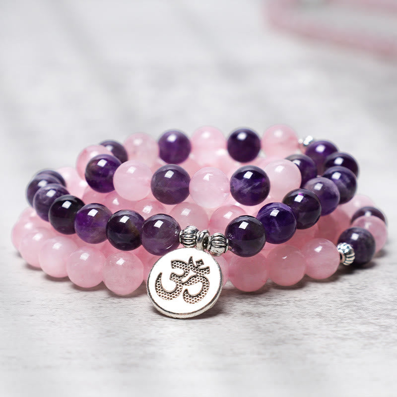 Natural Rose Quartz & Amethyst Om Mani Padme Hum Mala Bead Pendant Bracelet