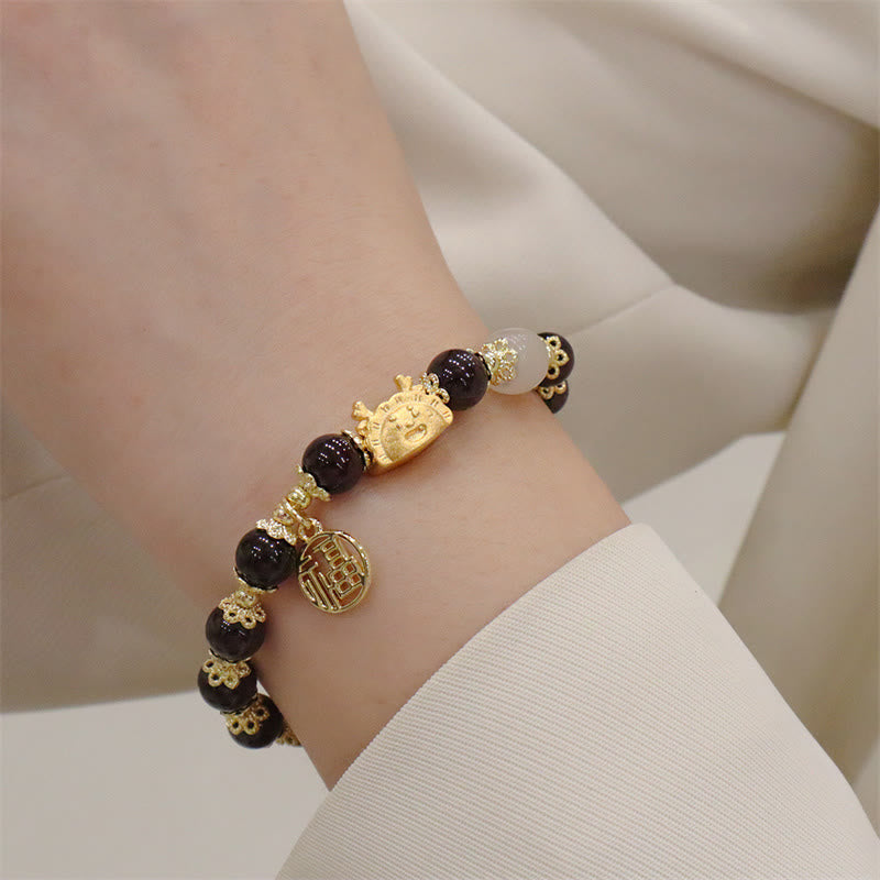 Year Of The Dragon Red Agate Strawberry Quartz Black Obsidian Jade Garnet Pearl Cinnabar Dumpling Dragon Luck Fu Character Bracelet