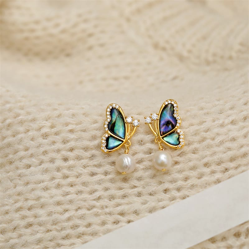 18K Gold Plated Copper Pearl Butterfly Stud Earrings with 925 Sterling Silver Posts