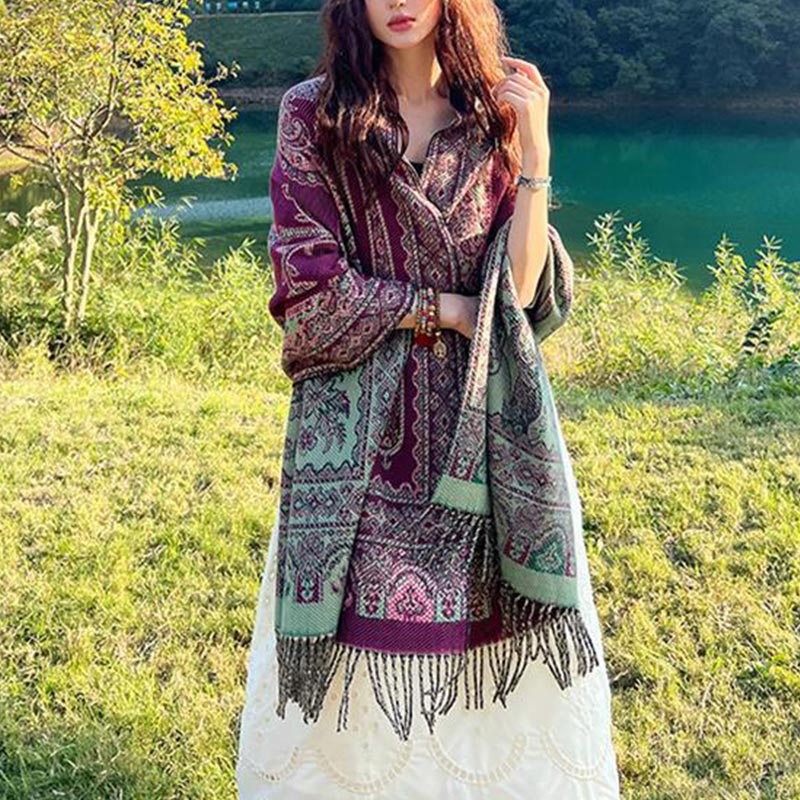 Vintage Tibetan Leaves Pattern Design Shawl Cozy Travel Scarf Wrap