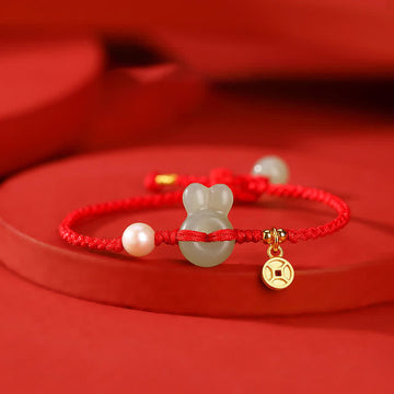 925 Sterling Silver Hetian Jade & Pearl Rabbit Chinese Coin Red String Bracelet