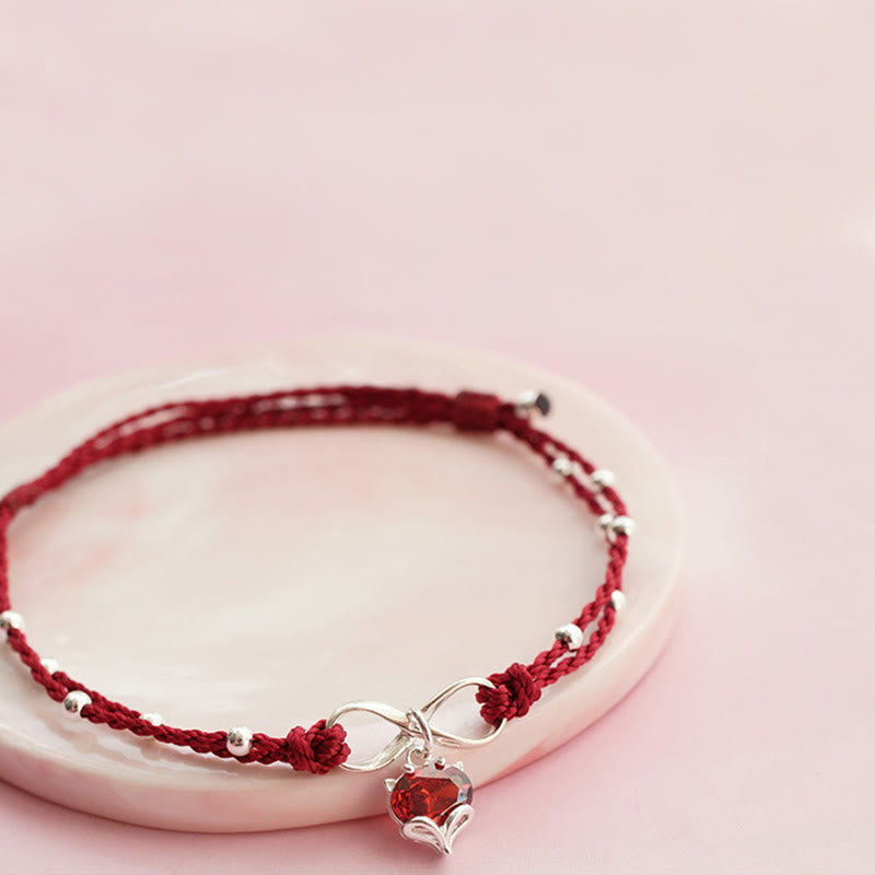 Sterling Silver & Copper Heart Infinity Braided Red String Anklet