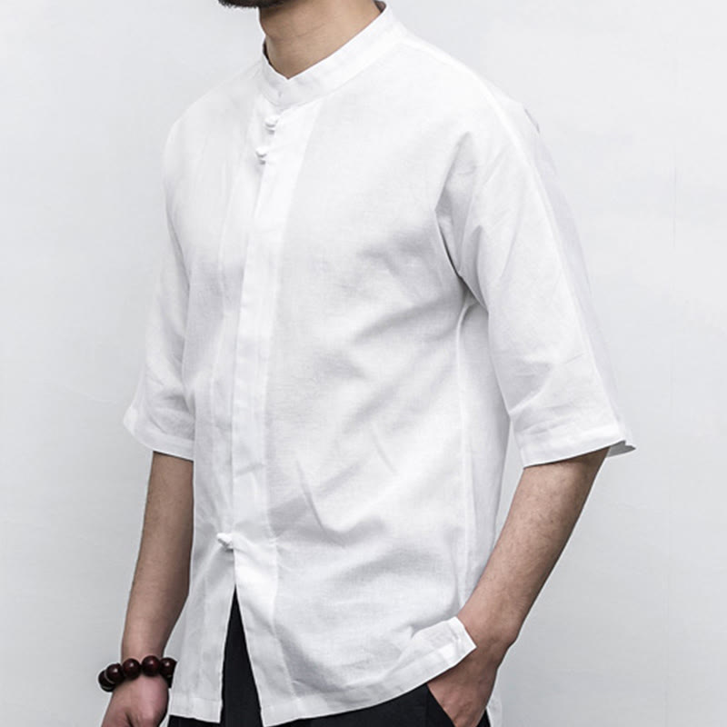 Chinese Frog-Button Tang Suit Zen Half Sleeve Shirt Linen Men Clothing