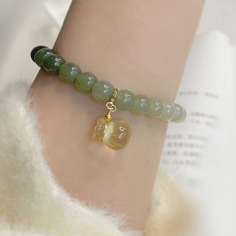 Natural Hetian Jade Beaded Bracelet with Symbolic Money Bag Charm