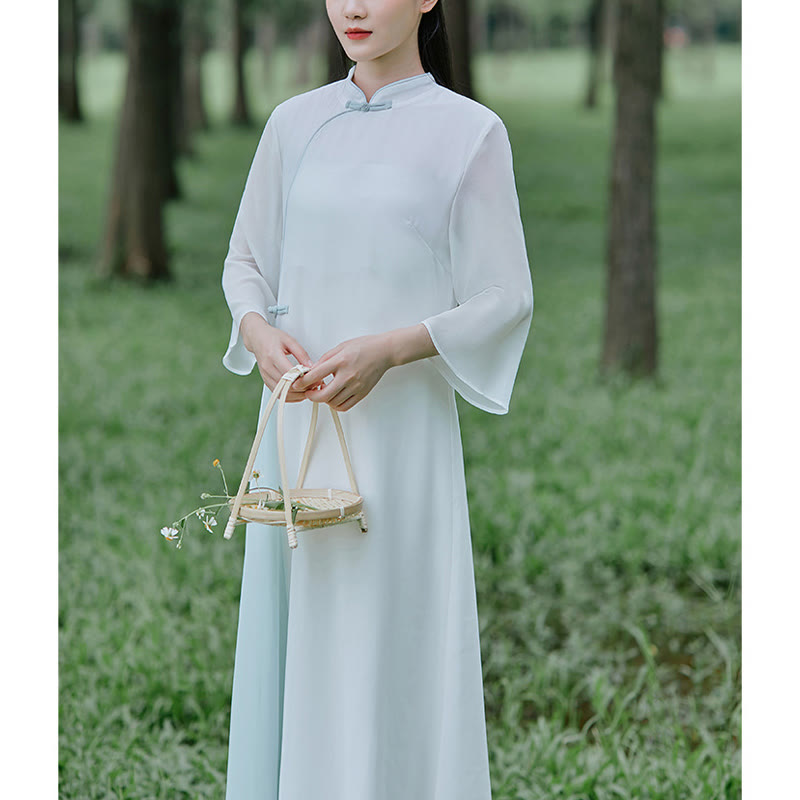 Three Quarter Sleeve Chiffon Cheongsam Midi Dress Wide Leg Pants Meditation Zen Practice Clothing
