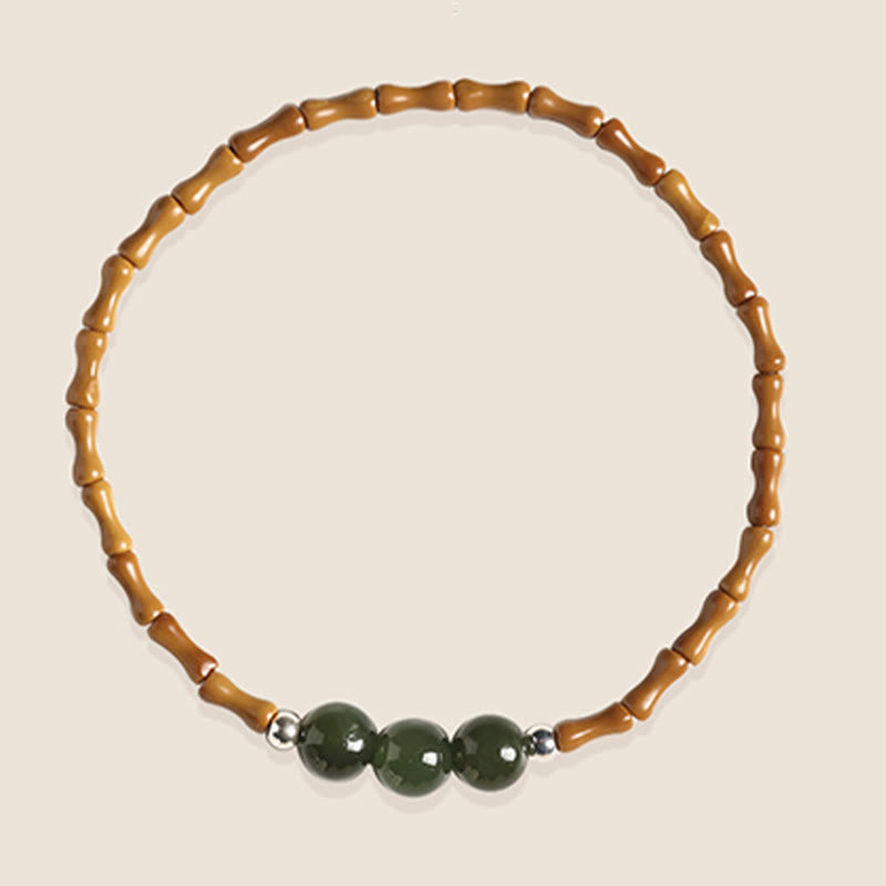 Natural Olive Pit & Hetian Jade Beaded Bracelet with Bamboo Pattern and White Copper Elements