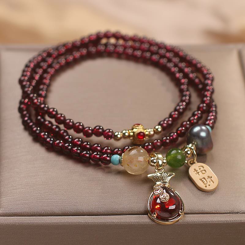 Multi Layered Natural Garnet Jade Coin Money Bag Attracting Wealth Protection Bracelet