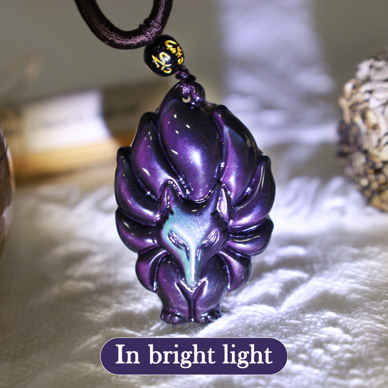 Natural Rainbow Obsidian Gold Sheen Obsidian Nine Tailed Fox Positive Necklace Pendant