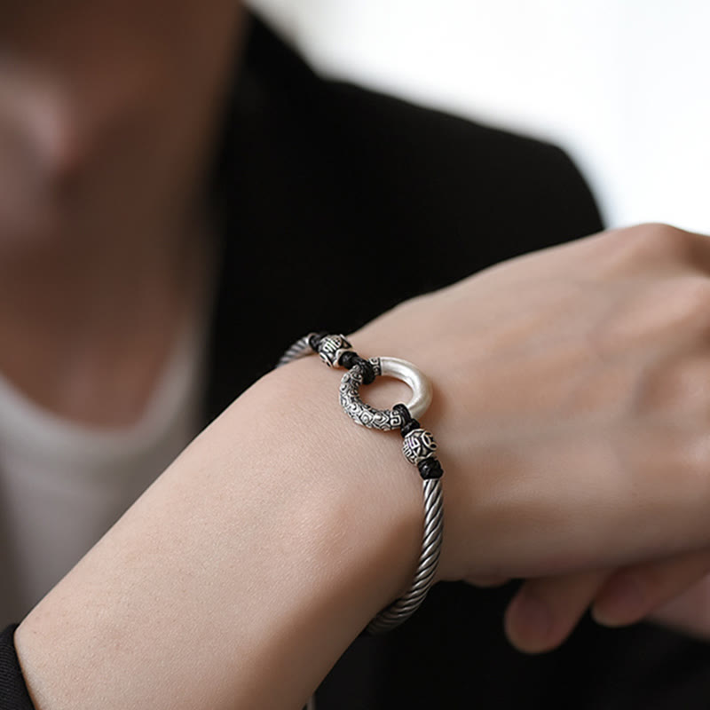 999 Sterling Silver Fu Character Peace Buckle Copper Coin Auspicious Clouds Fortune Bracelet