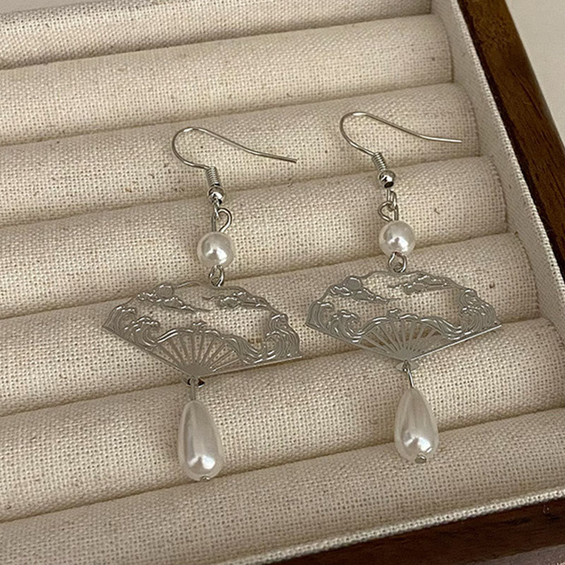 Copper Fan Auspicious Clouds Pearl Healing Drop Earrings