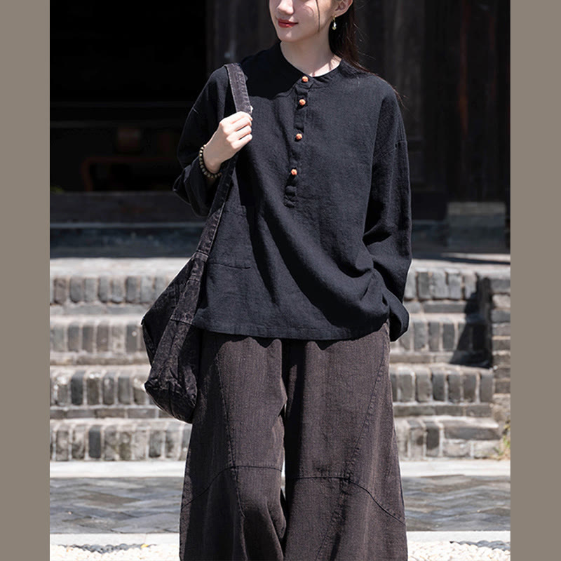 Solid Color Loose Button Blouse Long Sleeve Shirt Top