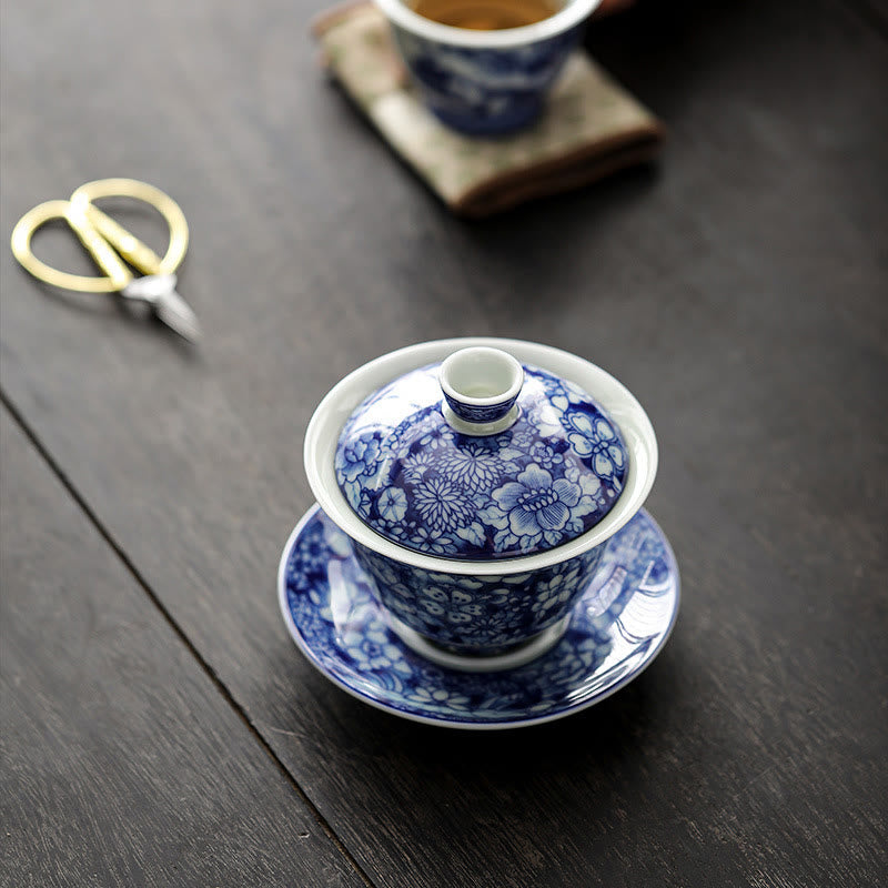 Vintage Blue And White Porcelain Ceramic Gaiwan Sancai Teacup Kung Fu Tea Cup And Saucer With Lid