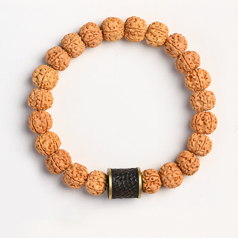Tibetan Rudraksha & Bodhi Seed Bracelet with Hetian Jade and Gold Sheen Obsidian