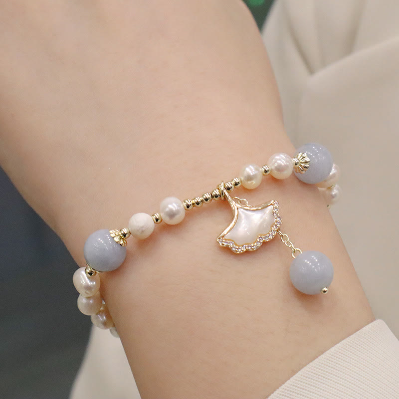 Natural Aquamarine Pearl Seashell Charm Bracelet with Ginkgo Leaf or Butterfly Accents