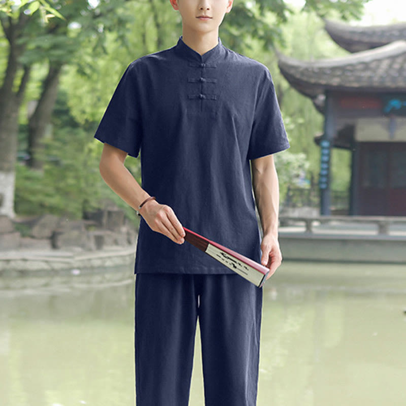 2Pcs Men's Short Sleeve Shirt Top T-Shirt Pants Meditation Zen Tai Chi Cotton Linen Clothing Set