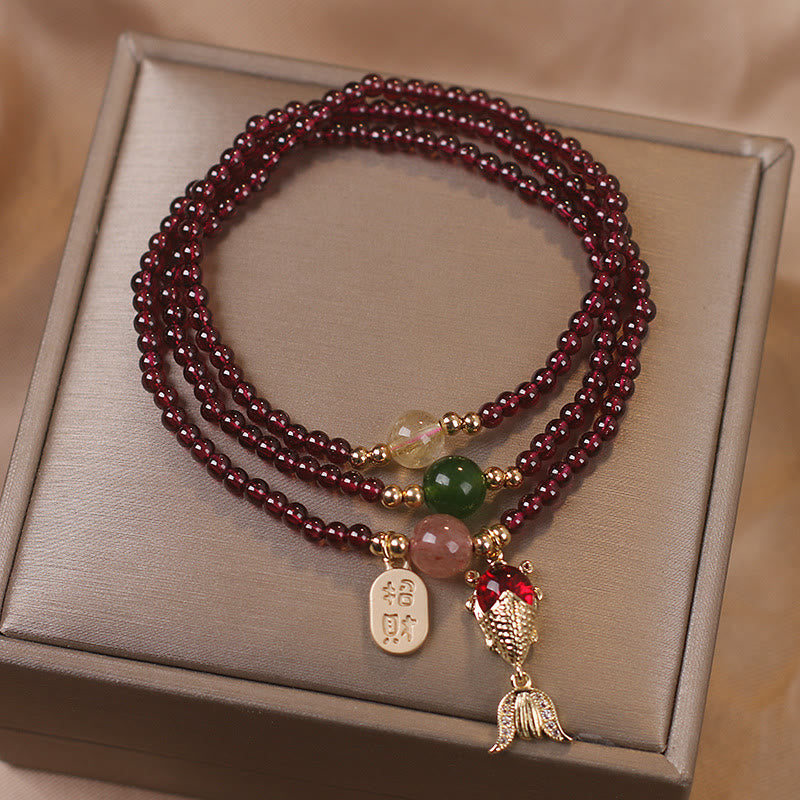 Natural Garnet & Strawberry Quartz Triple Wrap Bracelet with Jade and Citrine Accents