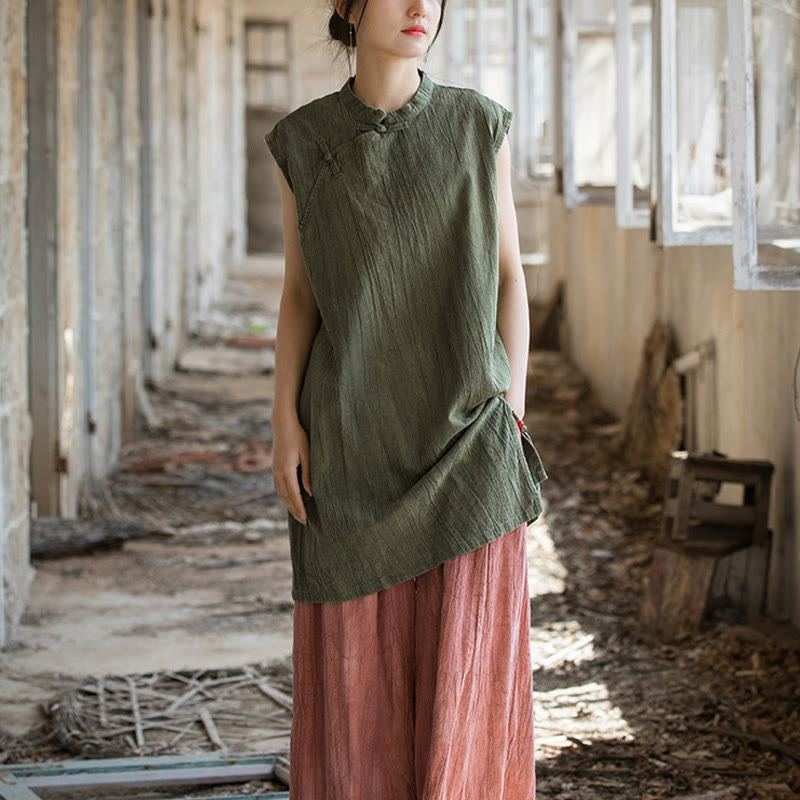 Handmade Tie Dye Ramie Linen Frog-Button Sleeveless Vest