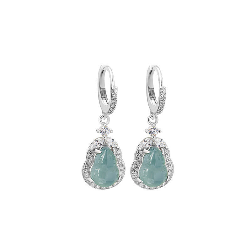 925 Sterling Silver Green Jade Wu Lou Gourd Drop Earrings