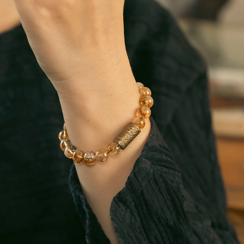 Natural Citrine Crystal Brass Bead Protection Bracelet
