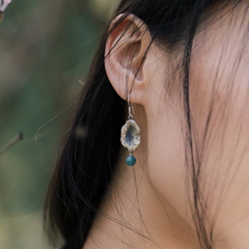 925 Sterling Silver Turquoise Lotus Leaf Handcrafted Drop Dangle Earrings