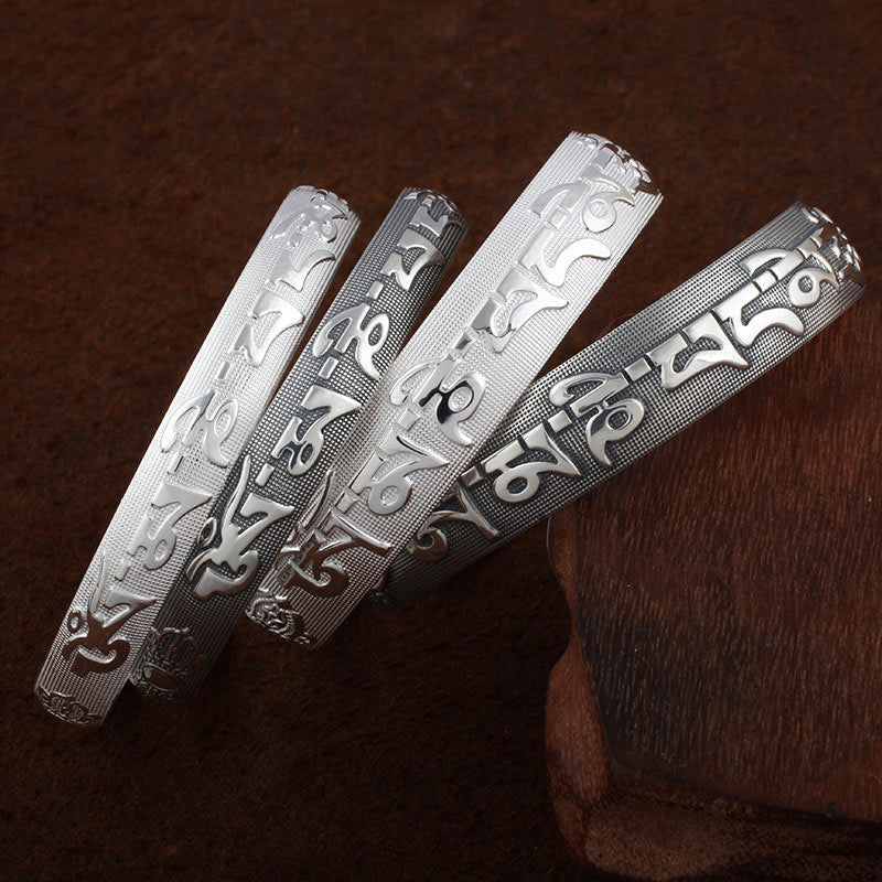 Tibetan White Copper & Sterling Silver Om Mani Padme Hum Sanskrit Engraved Meditation Bangle