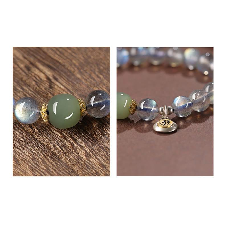 Chinese Zodiac Natal Buddha 925 Sterling Silver Natural Moonstone Hetian Jade Positive Bracelet