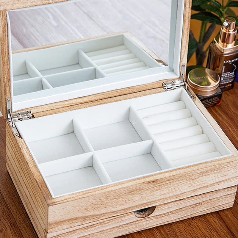Retro Beige Paulownia Wood Two-Layer Jewelry Storage Box with Mirror