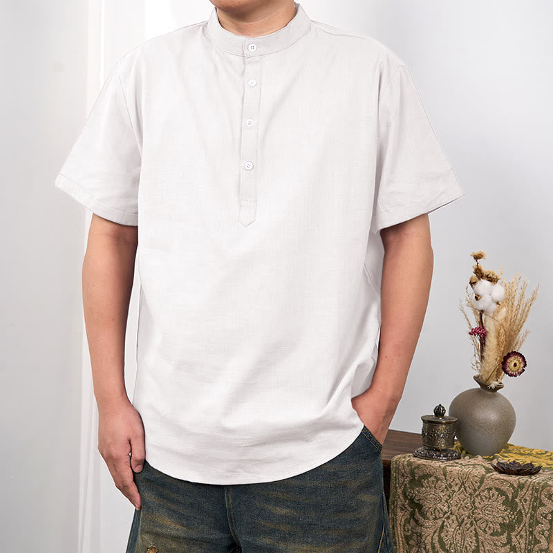 Cotton Linen Stand Collar Short Sleeve Meditation Shirt