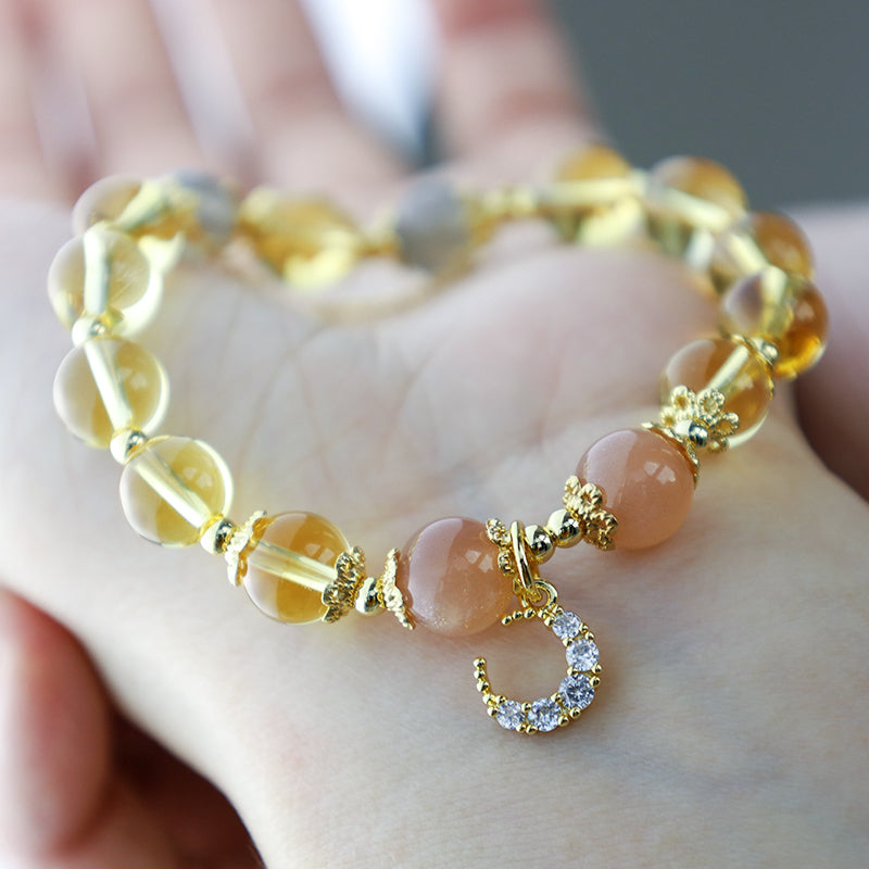 Citrine Moonstone Sunstone Celestial Moon Charm Gemstone Bracelet