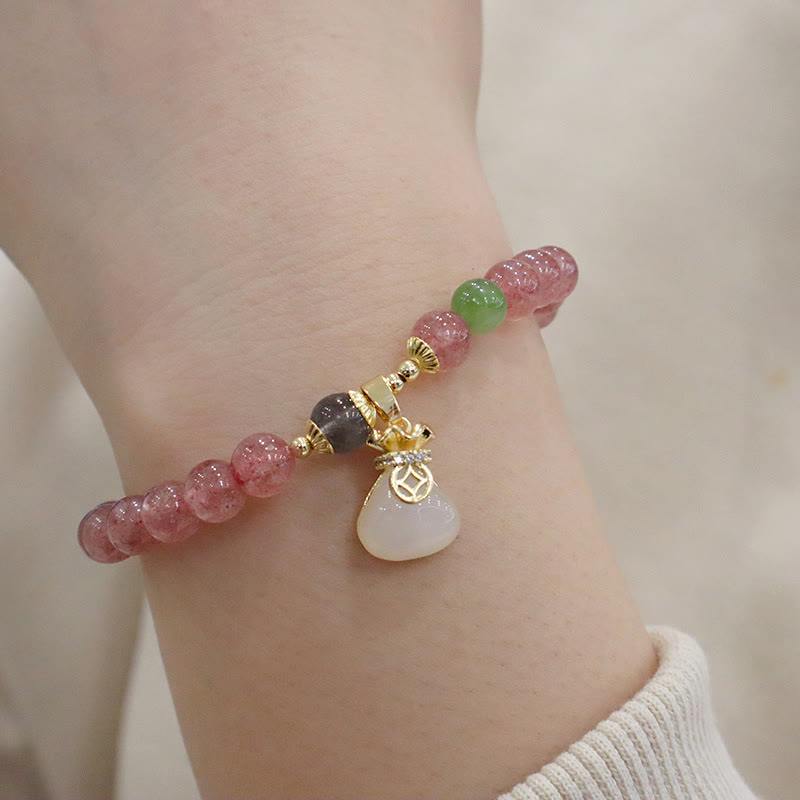 Natural Hetian Jade & Strawberry Quartz Beaded Bracelet with Clear Quartz