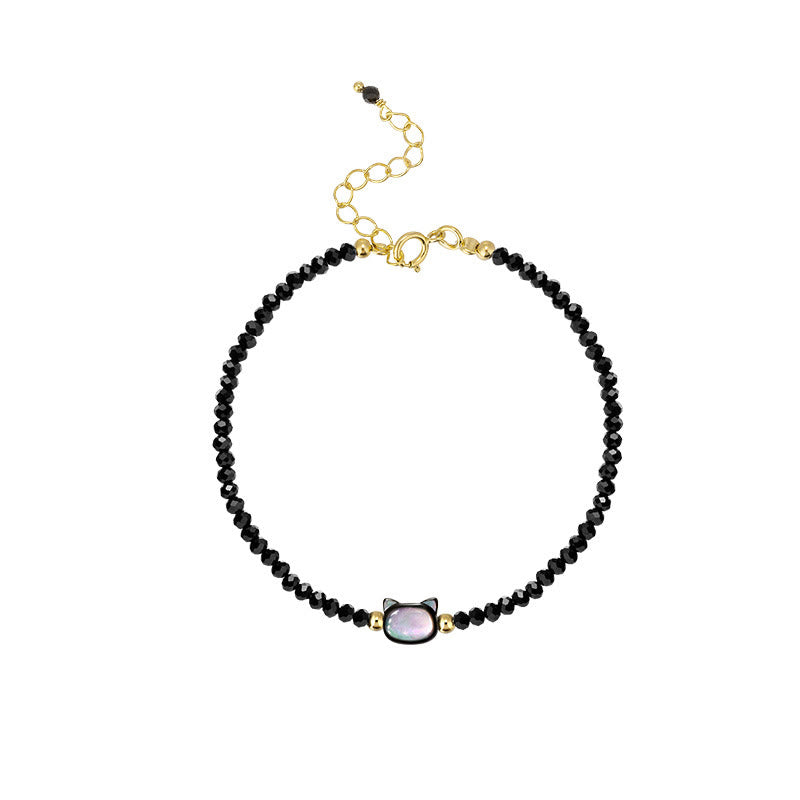 14K Gold Plated Black Spinel White Crystal Cute Cat Tridacna Stone Healing Bracelet