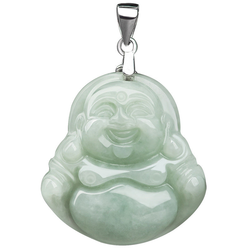 925 Sterling Silver Carved Jade Laughing Buddha Pendant Necklace