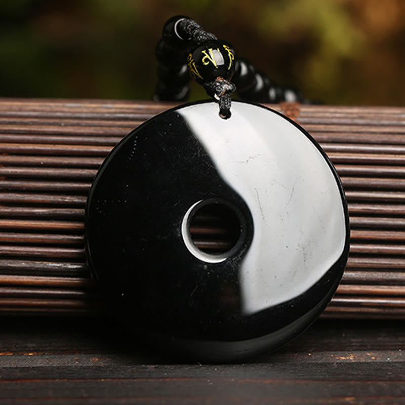 Natural Black Obsidian Peace Buckle Pixiu Bead Rope Strength Necklace Pendant