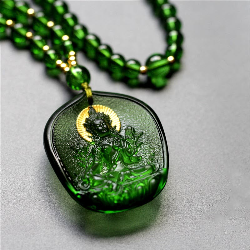 Tibetan Green Tara Buddha Gold Plated Liuli Crystal Protection Necklace Pendant